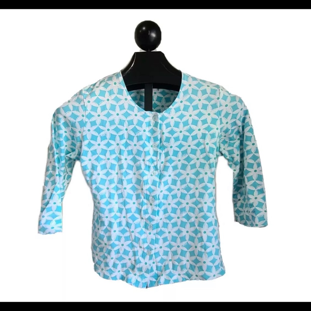 Lilly Pulitzer Womens Blue White Floral 3/4 Sleeve Button Up Top Size XS